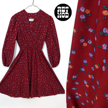 Sweet Vintage 70s Maroon & Blue Ditsy Flower Fit and Flare Boho Dress 