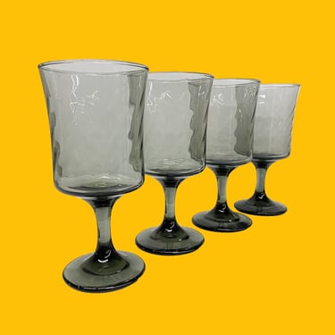 Vintage Wine Glasses Retro 1970s Mid Century Modern + Libbey + Smokey Gray + Glass + Set of 4 + Optic Swirl Design + Stemware + MCM Barware 