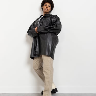 BLACK PLEATHER JACKET Vintage Coat Blazer Trench Faux Vegan Leather Woman 90's Oversize / 4X 