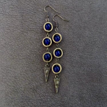 Royal blue frosted glass earrings, geometric earrings, artisan bronze 2 