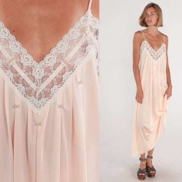 Peach Lace Nightgown 80s Barbizon Lingerie Maxi Slip Dress Floral Embroidered Rosette Sleeveless Romantic Long Lounge Vintage 1980s Large L 