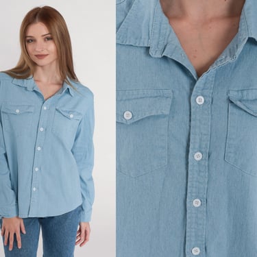 90s Chambray Shirt Blue Soft Denim Button Up Blue Jean Long Sleeve Boyfriend Shirt Simple Chest Pocket Light Wash Vintage 1990s Small S 