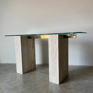 80's Italian Postmodern Travertine Console Table W/ Glass Top 