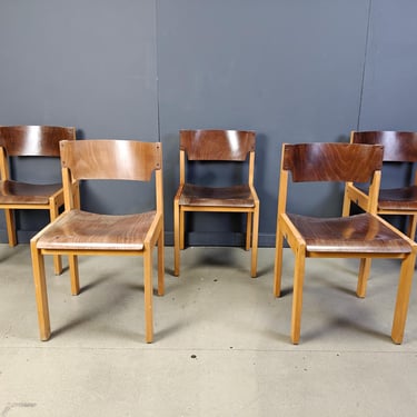 Mid-Century Sven Markelius Style Brown and Birch Stacking Chairs set of 5  - vintage dining chairs - stackable dining chairs 