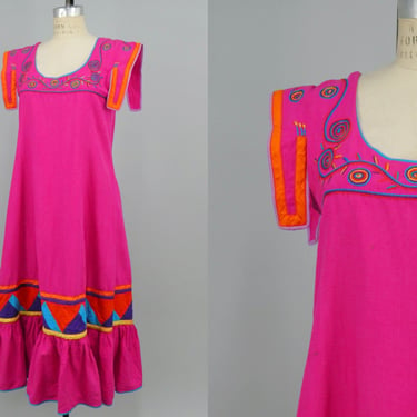 Vintage 1970s Hot Pink Josefa Midi Dress, 70s Embroidered Josefa Diseños, Vibrant Mexican Dress, Folk Style, Size Small by Mo
