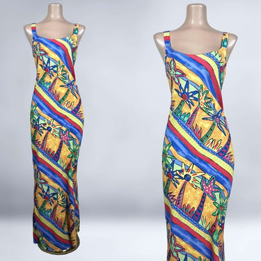 VINTAGE 90s Bright Hawaiian Rayon Bias Maxi Dress By Palm Bay Sz M | 1990s Tropical Tiki Beach Vacation Slip Dress | VFG 