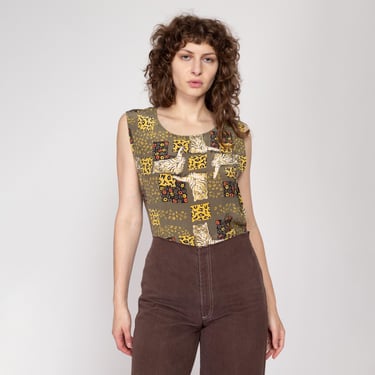 Sm-Med 90s Tiger Print Olive Green Silk Tank | Vintage African Animal Print Sleeveless Top 