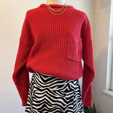 Vintage 90s Red Chunky Cotton Knit Slouchy Pocket Pullover Sweater Size Medium 