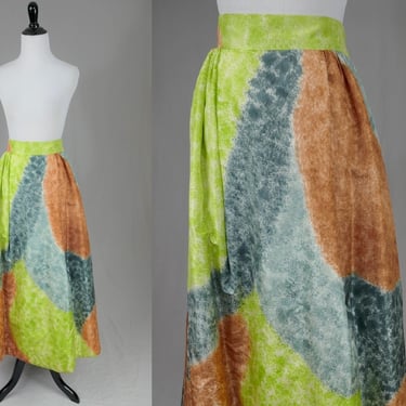 80s 90s Silk Maxi Skirt - Unusual Puff Design - Green Gray Brown Watercolor - Heavy Formal - Reiko - Vintage 1980s 1990s - 32