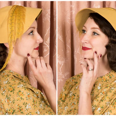 1950s Hat - Beautiful 50s Asymmetric Mustard Yellow Hat with Dramatic Feathers 