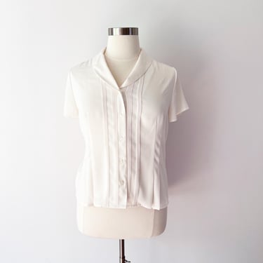 SIZE L White Pintuck Blouse 00s / 2000s White Cowl Collared Shirt / Perfect 50s Style Large White Blouse Classic Minimalist 