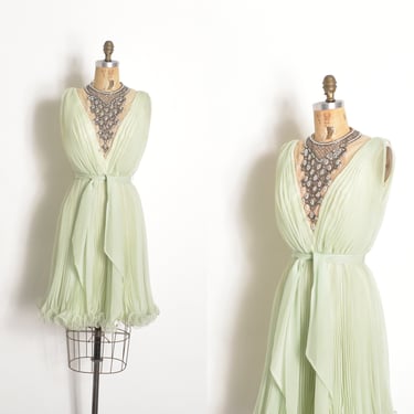 Vintage 1960s Dress / 60s Beaded Chiffon Party Dress / Mint Green ( XS extra small ) 