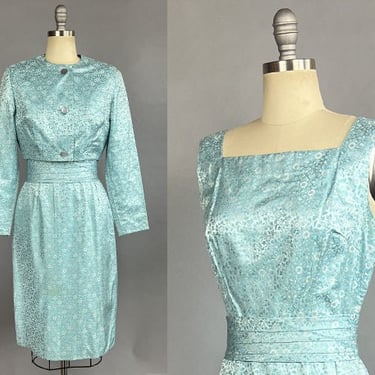 1960s Blue Brocade Dress / 60s Blue & White Silk Jacquard Dress With Jacket  / 1960s Dress Set / 1960s Cocktail Dress / Size Small 