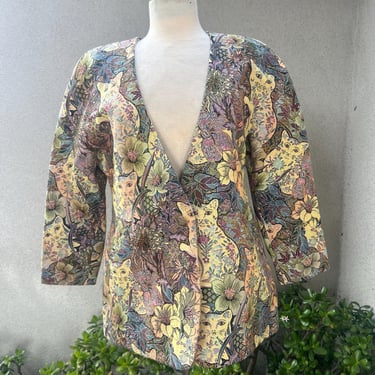 vintage Floral Cat Print Jacket tapestry fabric custom made Sz M 
