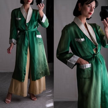 Vintage 40s 50s Distressed Emerald Green & White Shawl Collar Satin Silk Blend Robe w/ Western Trim | 1940s 1950s Rockabilly Smoking Jacket 