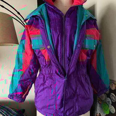 Vintage 80s Neon Winter Puffy Nylon Ski Jacket with Fun Shoulder Stripes; 80s Sun Ice Winter Colorblock Windbreaker with Hood M L 