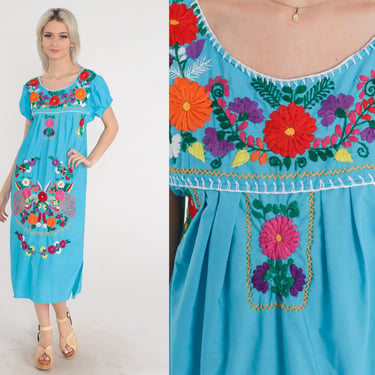 Blue Mexican Dress 70s Rainbow Floral Embroidered Midi Dress Puebla Puff Sleeve Boho Tent Hippie Festival Summer Vintage 1970s Small S 