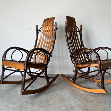 Slated Wood and Tree Branch Artist Studio Rocking Chair - a Pair 
