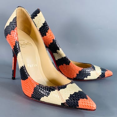 CHRISTIAN LOUBOUTIN Size 5 Orange Black Cream Snakeskin Leather Pointed Toe Stiletto Pumps
