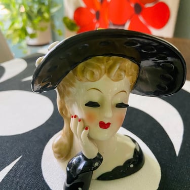 Vintage Napco Lady in Black Hat Head Vase / Vintage Lady Head Vase Planter / Polka Dot Dress 