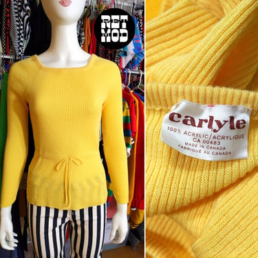 Cozy Vintage 70s Butter Yellow Ribbed Sweater Top with Cinched Waist 