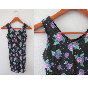 Vintage Floral Leotard Unitard Romper - 80s 90s Gymnastics Aerobic Outfit - Size Large 