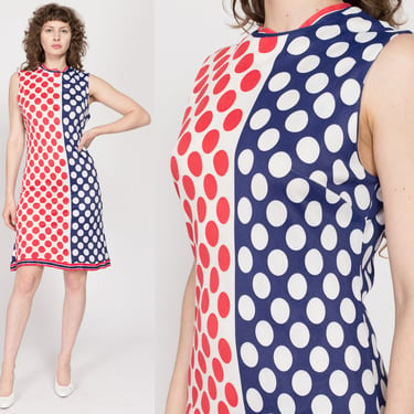 Medium 60s Red White & Blue Polka Dot Mod Mini Dress | Vintage Retro Sleeveless Color Block A Line Dress 