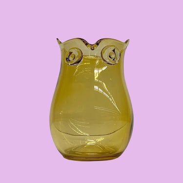 Vintage Vase Retro 1970s Bohemian + Owl + Amber Yellow + Glass + Hand Blown + Flower Display + Boho Home Decor + Owls + Nocturnal Bird 