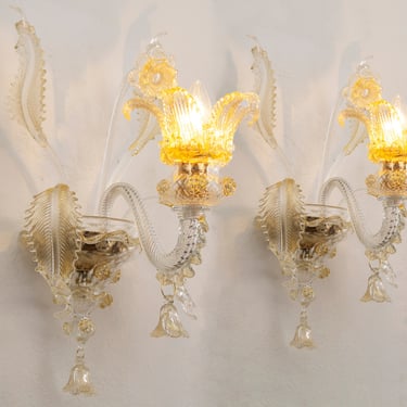 Set of 2 hand-blown Murano art glass wall sconce, crystal color and gold details Made in Italy, handmade wall lamp 