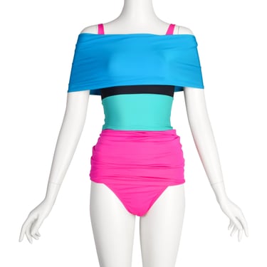 Giorgio di Sant'Angelo Vintage 1980s Colorblock Vivid Neon Extreme Ruched Swimsuit Set