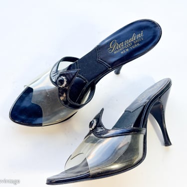 1950s Black Leather Springolator Heels | 50s Black Evening Heels | Grandini NY | Size 7 