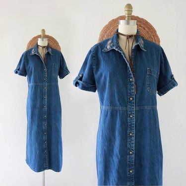 denim shirtdress - l - vintage 90s y2k cotton jean womens size large snap front shirt dress short sleeve casual comfortable minimal 