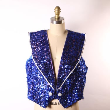 1950s 1960s Blue Sequin Sleeveless Vest Showgirl Burlesque Costume Ringmaster Jacket -1XL 