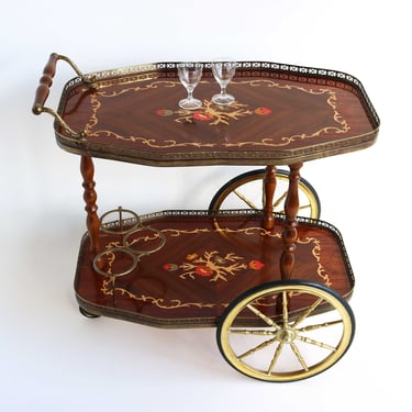 Bar Cocktail Tea Cart Trolley Beverage Italian 1950 Hollywood Regency Marquetry Inlayed Flowers Vintage Lovely 3 bottle Holder Brass 