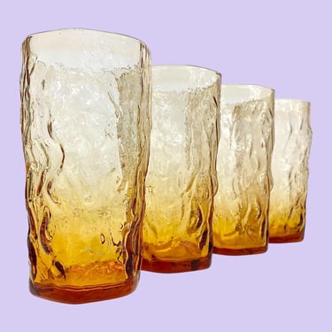 Vintage Morgantown Drinking Glasses Retro 1970s Mid Century Modern + Crinkle Glass + Amber + Set of 4 + Flat Iced Tea + MCM Drinking Kitchen 