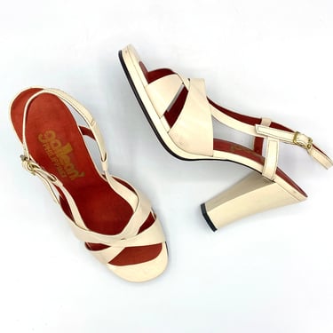 Vintage 1970s Eggshell Patent Leather Platform Sandals, 70s Open Toe Slingback Sky-High Heels Made in Philippines, US Size 5 1/2, VFG 