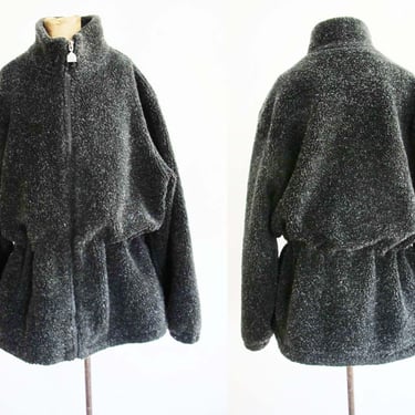 Vintage 90s Fleece Zip Up Jacket XL - Baggy Oversized Charcoal Gray Black Oatmeal Fleece Jacket - Gorpcore - Cinch Waist 