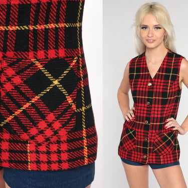 Red Plaid Vest 70s Tartan Button Up Vest Retro Preppy Checkered Wool Blend Sleeveless Tank Top Uniform Vintage 1970s Wippette Extra Small xs 