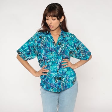 Geometric Button Up Shirt 90s Fish Animal Shirt Blue Button Up Blouse Psychedelic Short Sleeve Vintage 1990s Abstract Petroglyph Medium 