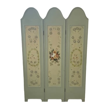 Free Shipping Within US - Vintage Hand Painted Three Panel French Wood Room Divider and or Space Partition Screen 