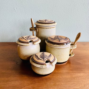 Vintage canister set with beautiful cedar sprig pattern / Oregon artist handmade pottery storage jars 