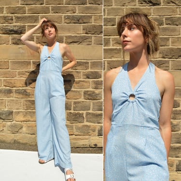 Halterneck Jumpsuit Wide Leg Relaxed Fit - Tiny Daisies Floral Design - Light Powder Blue - S M 