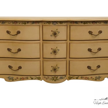HENREDON FURNITURE Country French Antique White Painted 62" Triple Dresser w. Painted Floral Details 1401 