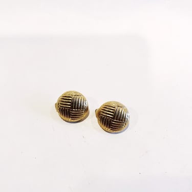 Gold Tone Button Clip-On Earrings Clip-ons Crisscross Pattern Round Circle Vintage Clip On Earrings Costume Jewelry Button Clip-ons 