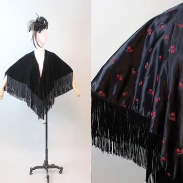 1950s REVERSIBLE fringe velvet embroidered scarf WRAP | new fall winter 