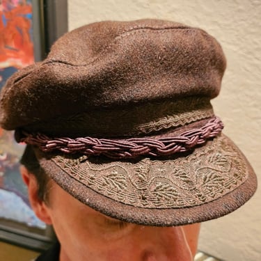 Wool Brown Cap, Brown Fisherman's Cap, Vintage Cap, Lace Cap, Y2K Hat, Woven Rope Cap, Made in Greece, Brown Newsboy Cap, Made in Greece 
