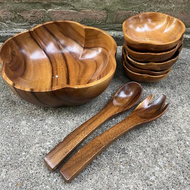 8 Piece Vintage Alii Woods Honolulu Hawaii Monkey Pod Salad Bowl Set with Utensils by LeChalet