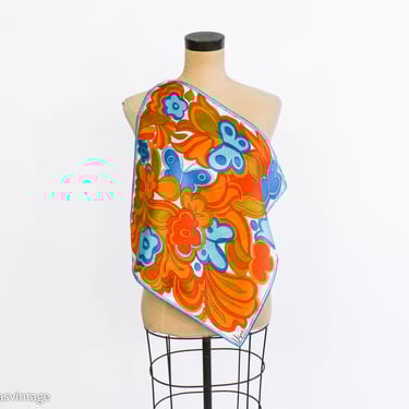 Vera | 1960s Colorful Butterflies & Flower Scarf | 60s Orange Blue Op Art Floral Scarf | Vera 