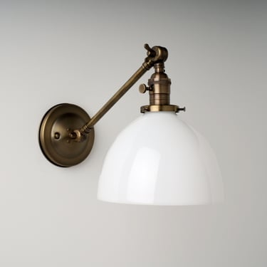 Factory 2nds, Clearance   Sconce Lighting with White/Milk Glass Dome Shade Adjustable Arm Fixture 