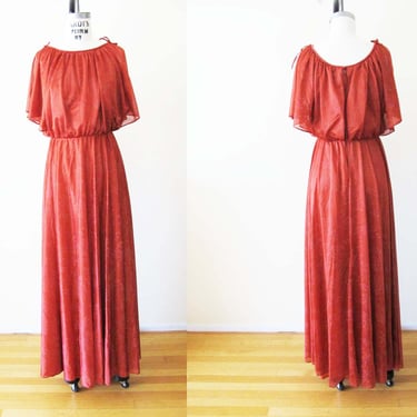 Vintage 1970s Rust Red Chiffon Maxi Dress S - 1970s Flowy Floral Print Long Formal Dress - Bohemian Clothing 